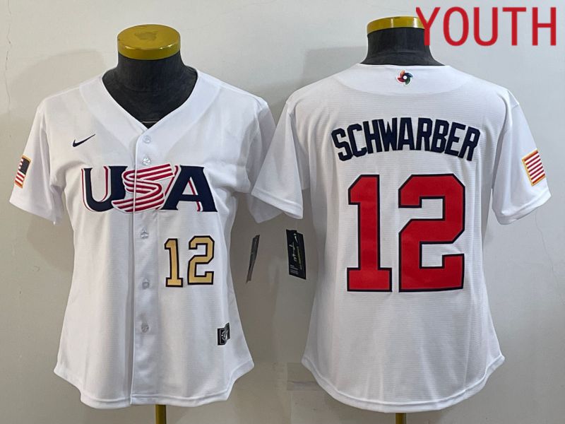 Youth 2023 World Cub USA 12 Schwarber White MLB Jersey1
